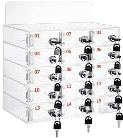 Transparenter Handyschrank mit nummerierten Schließfächern, abschließbar, Tresor für Schulen, Fabriken, Prüfungshallen, Büros, 15 Steckplätze