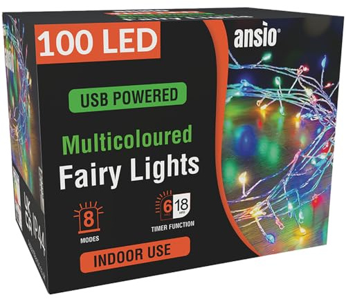 ANSIO® Christmas Lights 100 LED 4.5m Multicoloured Silver Wire Cluster Fairy Lights, Indoor Use Christmas Tree Lights for Christmas Decorations Garden & Party with Remote – USB Powered