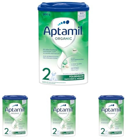 Aptamil Organic 2 – Bio Folgemilch nach dem 6. Monat, Mit Omega 3, DHA & ALA, Ohne Palmöl, Babynahrung, Milchpulver, 1x 800 g (Packung mit 4)