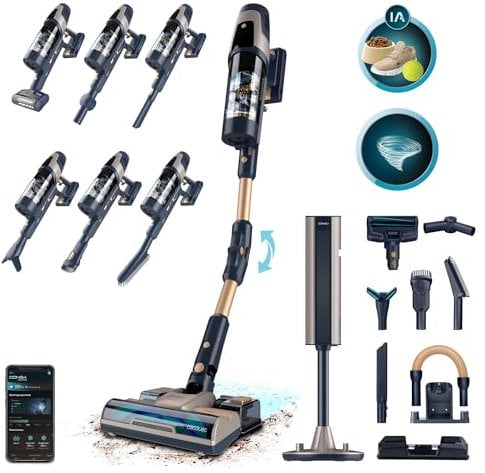 Cecotec Aspiradora Escoba Sin Cable Conga Rockstar 11500 Odyssey Station Connected IA, Máx 300 AW, 800 W, Inteligencia Artificial, App, Hasta 110min autonomía, Base autovaciado, Tubo Flexible, Kit Acc