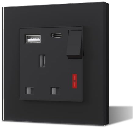 BSEED Single Plug Socket with USB C and USB A,Glass Switched Socket,UK Standard Electric Power Sockets,13A Wall Socket,Save Space,1 Gang,86mm Black