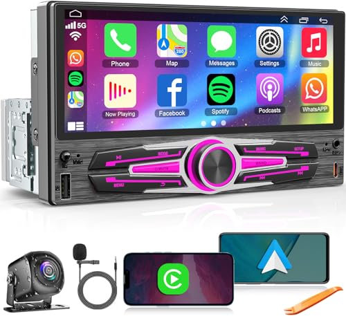 Single Din Autoradio mit kabellosem CarPlay & Android Auto, 6,8 HD IPS Touchscreen, Sprachsteuerung, Bluetooth 5.2, FM EQ DSP, GPS, Rückfahrkamera, SWC, USB Typ-C Ladeanschluss