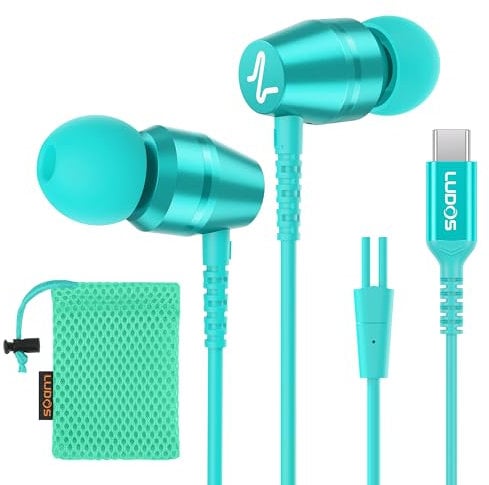 LUDOS OMNITONE Auriculares USB C con Micrófono, Garantía de 5 años, Auriculares Tipo C con Cable para iPhone 16 15 Pro MAX Plus Samsung Galaxy S24 S23 S22 Ultra S21 FE S20 A53 A54, iPad Pro - Turquesa