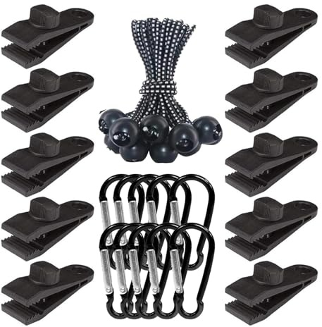 24-Pack Heavy Duty Tarp Clips with Lock Grip, Adjustable Tarp Clamps, Shark Tarp Fasteners, Bungee Cords & Carabiner Clips for Awnings, Camping, Canopies, Pool Covers, and More