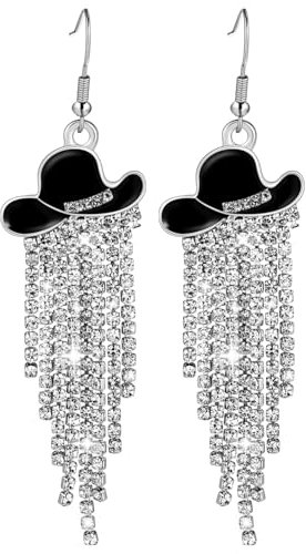 CALLARON 1 Paar Western-Cowgirl-Ohrringe, Creolen mit Quaste für Damen, Vintage-Strass-Ohrhänger, stilvoller Cowboyhut-Schmuck für Country-Konzerte, Festivals, den Alltag