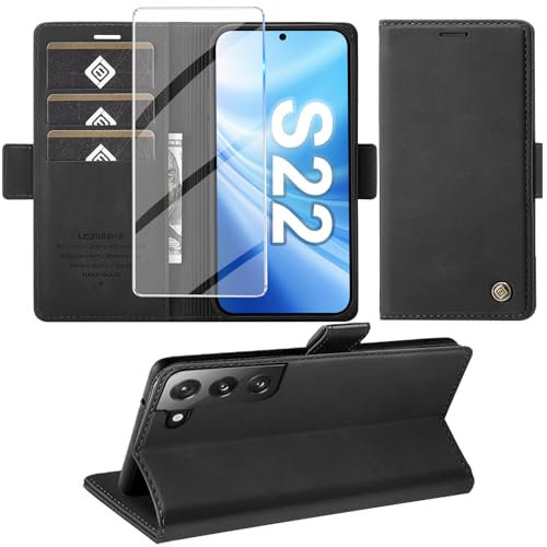 Giyer Cover per Samsung Galaxy S22 Custodia con Vetro Temperato, Premium PU Portafoglio Slot per Scheda RFID Antifurto Funzione Supporto Flip Case, Antiurto per Samsung S22 5G Cover (Nero)