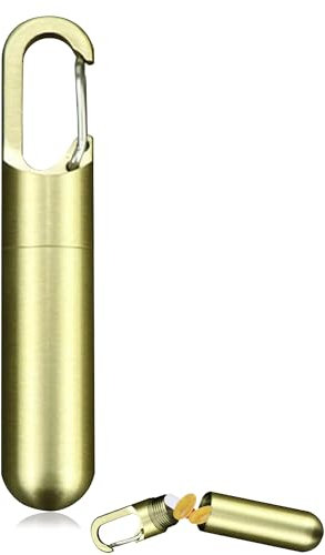 Shiawase Kleine Pillendose mit Schlüsselanhänger, Wasserdicht Pillendose Metall, Tragbarer Mini Pillenorganizer aus Metall, Täglicher Dosierer, für Reisen und Outdoor (Messing)