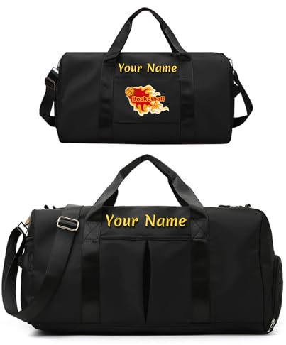 LINMQIU Sac de Sport personnalisé,Sac de Sport brodé personnalisé pour Femmes/Hommes,Sac de Voyage avec Personnalisation Recto Verso et Poches séparées pour Articles secs et humides-Noir