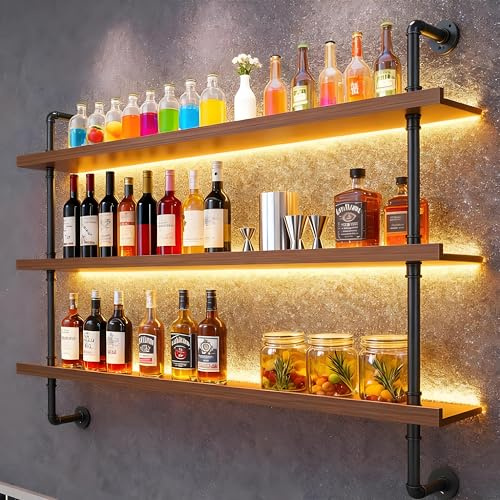 47.2 Large Wall-Mounted Wine Rack with LED Lights, 3-Tier Wall Bar Shelves