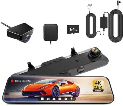 4K+2.5K Rearview Dash Cam 12 IPS Screen WDR 170 FOV Rear Cam Gps Mirror Car Recorder Stream Media Car DVR(With hardwired kit 2)