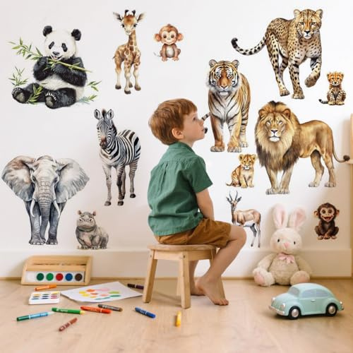 Tier-Wandaufkleber für Kinder, Safari Tiere Dschungel-Tapete für Schlafzimmer Fenster Türen Kinderzimmerdekoration, Wandaufkleber für Kinder Babys, hinterlässt keine Rückstände, Elefant & Löwe