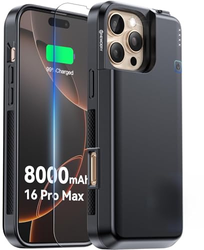 NEWDERY Battery Case for iPhone 16 Pro Max, 8000mAh USB-C Portable Power Bank, CarPlay, Sync Data Supported, Rechargeable Charger Case Compatible with iPhone 16 Pro Max 6.9, Black