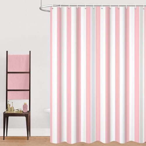 GCIREC Tenda Doccia, 180x200cm, Rosa Chiaro e Bianco Minimalismo Moderno Strisce Verticali Impermeabile Tessuto Macchina Lavabile Tenda da Bagno con Ganci