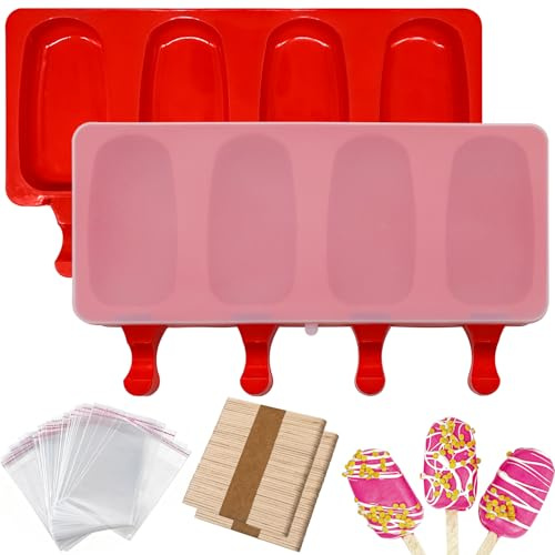 2Pcs Ice Lolly Moulds with 100 Wooden Sticks and 100 Cellophane Bags, Silicone Popsicle Cake Lolly Mould, Homemade Oval Popsicle Maker for DIY Ice Cream