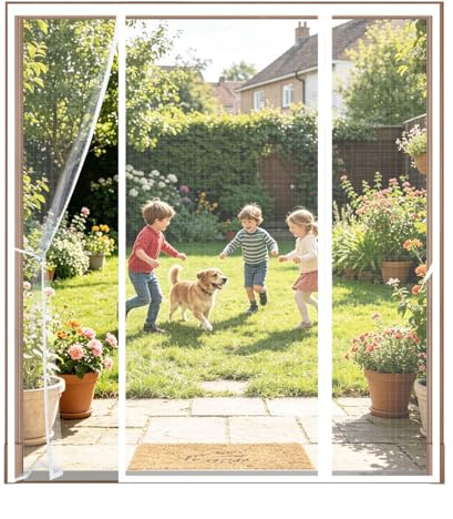 Magnetic Fly Screen for Double Doors, 3-Panel Side-Opening Mosquito Net, 4cm Widened Top Hook & Loop, Heavy Duty Mesh Curtain for French, Patio & Sliding Doors,145x210cm,White