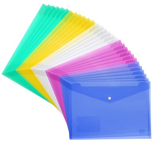 H&S 30er Set Dokumentenmappe A4 zum Abheften - 30x Dokumententasche A4 Abheftbar - 30 Dokumententaschen A4 mit Druckknopfverschluss - Dokumenten Mappen A4 Set - Transparent bunt