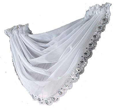 Glitzy Sparkle Jewelled Crystal Sequin Trim Voile Curtain Swag (White)