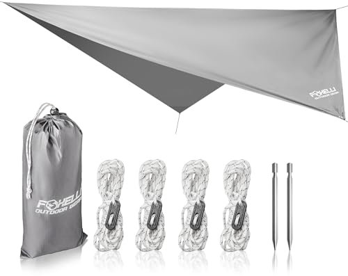 Foxelli Hamaca de lluvia – Tienda de campaña ligera impermeable y lona de lluvia para camping, mochileros con fácil instalación, incluyendo cuerdas y estacas extra largas