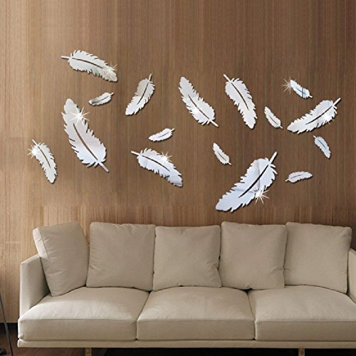 Toifucos Spiegel Wandaufkleber, DIY 3D Acryl Feder Spiegel Wandtattoo Entfernbar Wandsticker Wandbild Wand Dekoration für Kinder Schlafzimmer Wohnzimmer Haus Dekoration, 16 pcs