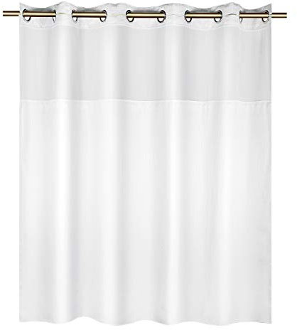 YQN No Hook Shower Curtain with Snap-in Fabric Liner Set, Thickening Waffle Weave Fabric Shower Curtains for Bathroom Hotel with Mesh Top Window, Waterproof & Machine Washable - White 74X71