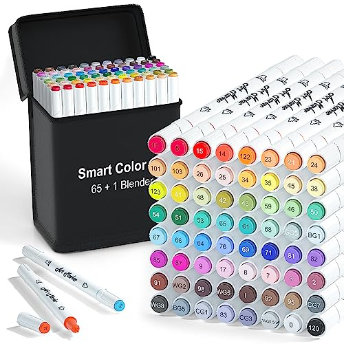 Smart Color Art Markers, 65 Coloring Markers and 1 Blender, 66 Pack Alcohol Based Dual Tip Permanent Markers Highlighters with Case, Excellent for Adults Kids Coloring Marking Drawing Sketching