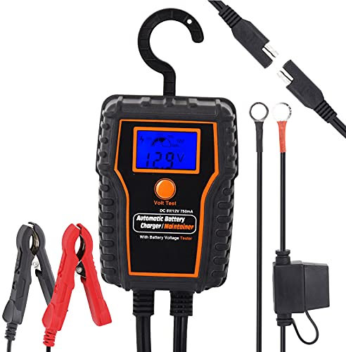 Automotic Battery Trickle Charger 12 Volt 750mA Smart Battery Maintainer with LCD Battery Float Charger Float Charging for Motorcycle ATV Lawn Mower Car Boat