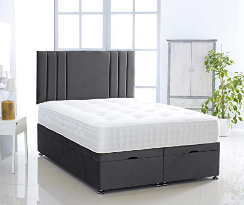 Ottoman Bed Side Lift Plush Velvet Base | 1000 Pocket Memory Mattress | Savannah HEADBOARD by Comfy Deluxe LTD (Black, 4FT6 Double)