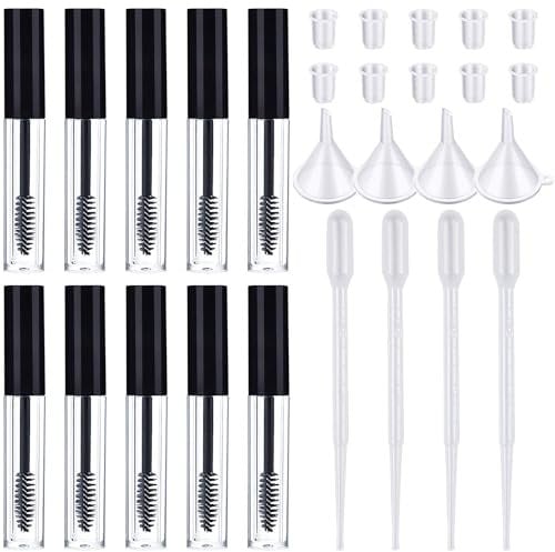 Kalolary 10pcs Mascara Leerrohr mit Stab Wimpertusche Container Fläschchen mit Kautschuk Einsatz und Trichter Set für Rizinusöl (10ml)