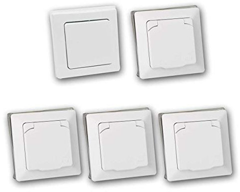 Schalter + Steckdosen Set Feuchtraum M, weiß, 5-teilig, IP44, Schalterserie Milos, Unterputz