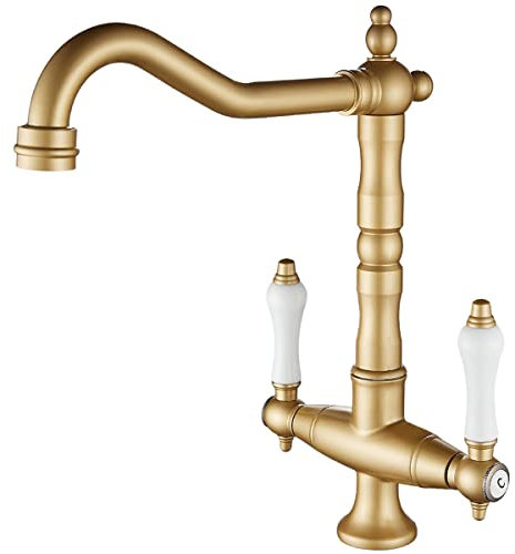 Grifo de Cocina Antiguo Grifo para Fregadero Giratorio 360° de Estilo Vintage Lavabo con Doble Palanca con Diseño Elegante Mezclador Agua de Fría y Caliente(Cobre)