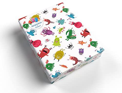Geschenkpapier für Kinder Mädchen Junge Monster Geschenkpapier für kleine Geschenke für Geburtstag Weihnachten (5 Bögen + 5 Aufkleber Luftballons + 18 Verschlusspunkte)