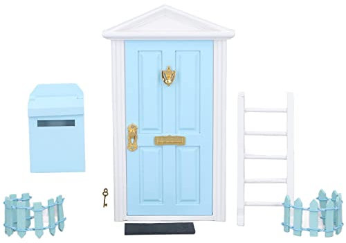 Wichteltür Weihnachten Set, Zauberhafte Zahnfee Tür, Puppenhaus Zubehör Mini Holz Tür Set mit Briefkasten, Zaun, Leiter, Fußpads, Dekorieren 1:12 Puppenhaus (Blau)