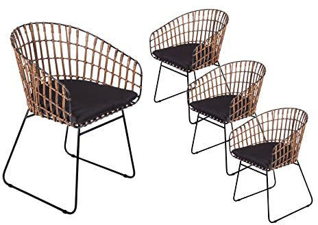 SAM 4er Set Rattanstuhl Lima, Farbe Dunkelbraun, inklusive Sitzkissen, Korbstuhl mit Metallrahmen, Geflechtstuhl/Eisenstuhl im Retro-Design, Esszimmerstuhl mit Armlehnen