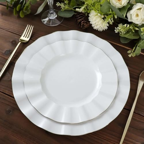 Efavormart 9 Salad Plates – Set of 10 Plastic White Round Disposable Plates with Gold Ruffled Rim – Elegant Appetizer & Dessert Plates for Weddings, Parties, Catering, and Formal Events