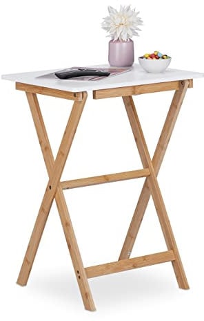 Relaxdays Klapptisch, Bambus, HxBxT: 63 x 47,5 x 37 cm, platzsparend, belastbar, klappbarer Beistelltisch, weiß-Natur