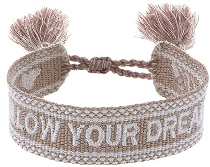 Engelsrufer Damen Armband aus Polyester und Baumwolle in beige weiß mit FOLLOW YOUR DREAMS Stickerei - Kordelverschluss - größenverstellbar