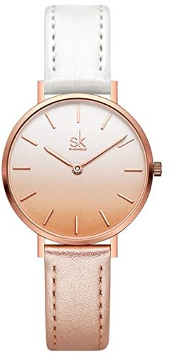 SK Ultradünne Minialistische Damenuhren Einfache Zwei Zeiger Damen Kleid Uhr Lederband, champagnerweiß