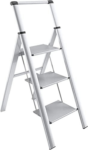 Tritthocker Trittleiter Hocker Trittleitern aus weißer Aluminiumlegierung, Heimleiter 3-Stufen-Leiter Einseitige Leiter Leiterhocker mit sicherem Handlauf Klappbarer Leiterhocker (weiß, 50 * 85 *