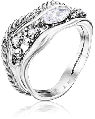 925 Sterling Silber Statement Ring mit weißem Zirkonia, gebogenes Seil Marquise Vintage Design, hypoallergen, nickelfrei, bleifrei, handgefertigte Designer-Kollektion