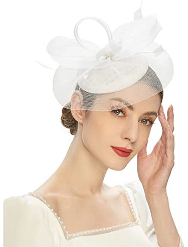 Fascinator Hüte für Frauen Pillbox Hut mit Schleier Stirnband und Einer Gegabelten Clip Tea Party Kopfbedeckung,Tea Party Fascinator Hut Fascinator Pillbox Hut Stirnband für Cocktail (White, One Size)