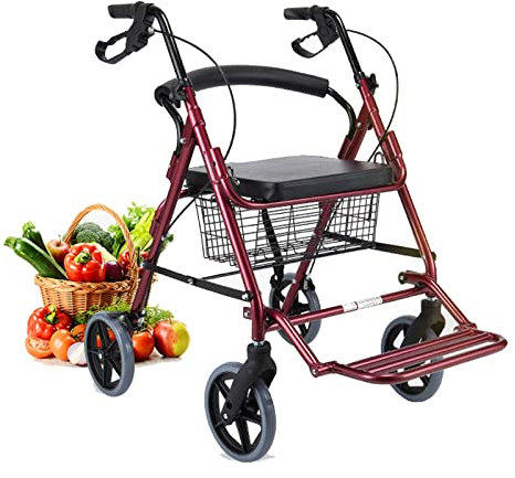 Rollator Walkers Roter Rollator mit Fußstütze und Sitz sowie Korb und Bremsen, zusammenklappbarer Tritthilfe-Einkaufswagen für ältere Frauen mit All-Terrain-Rädern, höhenverstellbar
