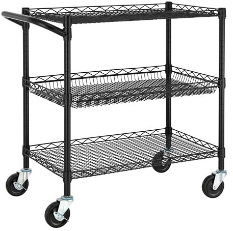 Finnhomy 3 Etagen Heavy Duty Commercial Grade Utility Cart, Wire Rolling Cart with Handle Bar, Steel Service Cart with Wheels, Kitchen Cart on Wheels, Food Storage Trolley, NSF Listed, Black