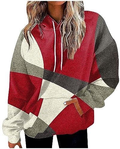 Azruma Pullover Mit Protektoren Pullover Damen Lang Wolldecke Mit Ärmel Erwachsene Frauen Übergröße Drucken Langarm Pullover Mit Kapuze Herbst Winter Warm Hoodie Mit Taschen (1-Red, 4XL)
