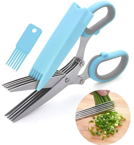 Forbici per Erbe da Cucina,Forbici Cucina 5 Lame, Forbici Cipolla Verde, Forbici da Cucina Multifunzione,Forbici Erbe Aromatiche Forbici Cucina per Cipollina Prezzemolo Erbe Aromatiche (Blu Grigio)