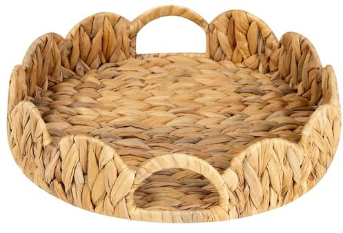 StorageWorks Rundes Tablett mit gewelltem Rand, rundes Serviertablett mit integrierten Griffen, dekoratives Tablett für Couchtisch, Wasserhyazinthen-Rattan-Tablett