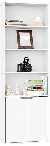 Panana 6 Tier Tall Bookshelf with Doors, Wooden Bookcases And Shelving Units Free Standing Display Cube Unit Storage Cupboard Organizer for Home Office (White)