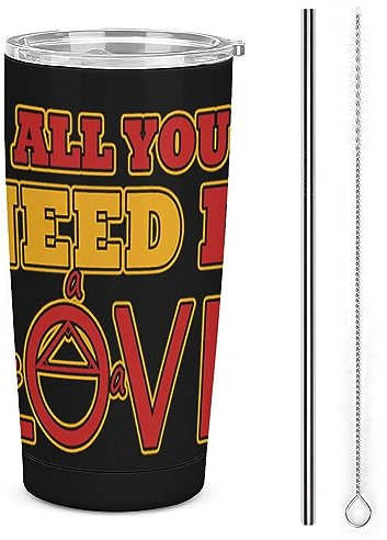 Gambo All You Need is Love - Tazza da caffè da viaggio in acciaio inox, con coperchio e cannuccia