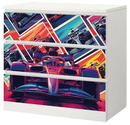 Sunnywall® Möbelfolie passend für IKEA Malm Kommode Schrankfolie Aufkleber mit Formel 1 Motiv | blasenfrei verkleben | Jugendzimmer 3er 80 cm