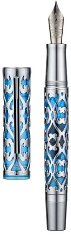 Hongdian D1 Piston Fountain Pen Extra Fine Soft Nib, Silver Blue Hollow Skeleton & Resin Pen with Metal Case Set
