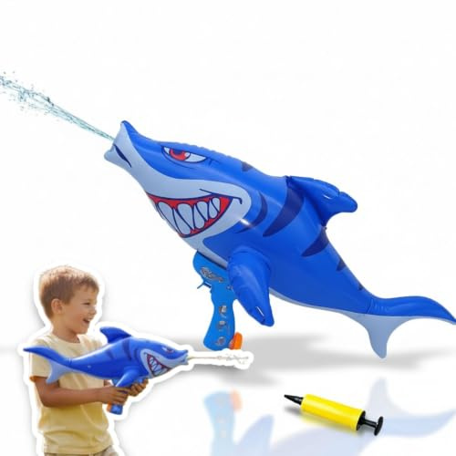 alldoro aufblasbare XXL Wasserpistole im Hai-Design, 70 cm, mit Luftpumpe | tierische Spritzpistole für Kinder ab 3 Jahren, Wasserblaster mit handlichem Griff für Strand, Pool & Garten